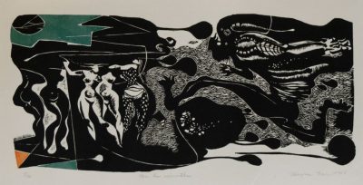 Figures in Black with Green and Orange